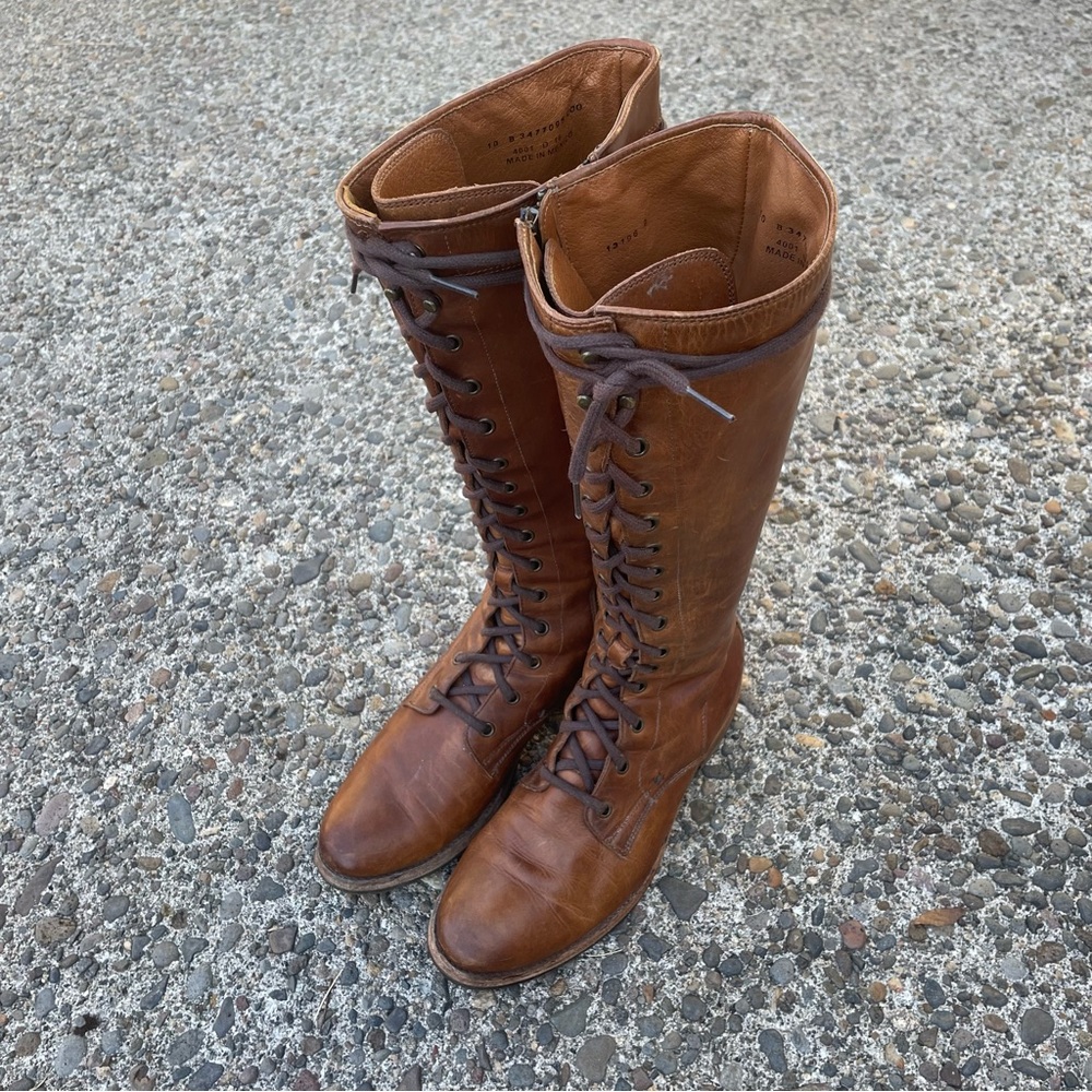 Frye Melissa Tall Lace Up Leather Riding Boots size 10 Brown Side Zipper